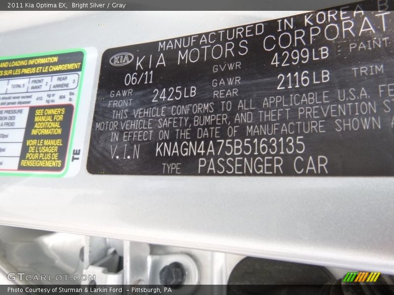Bright Silver / Gray 2011 Kia Optima EX