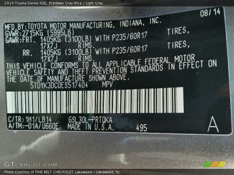 Predawn Gray Mica / Light Gray 2014 Toyota Sienna XLE