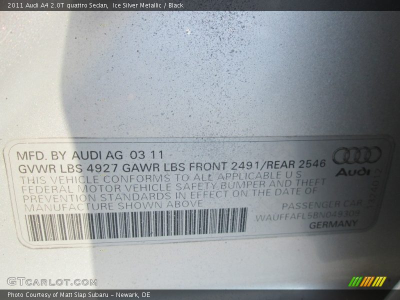Ice Silver Metallic / Black 2011 Audi A4 2.0T quattro Sedan