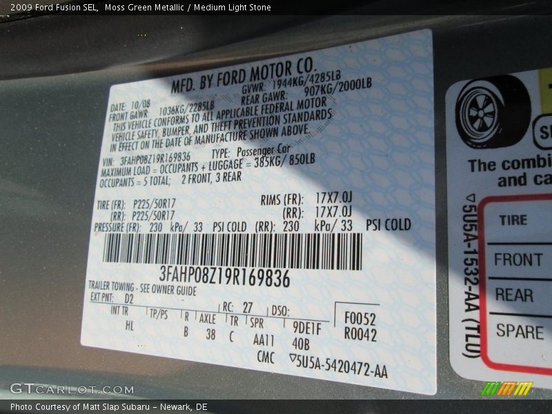 Moss Green Metallic / Medium Light Stone 2009 Ford Fusion SEL