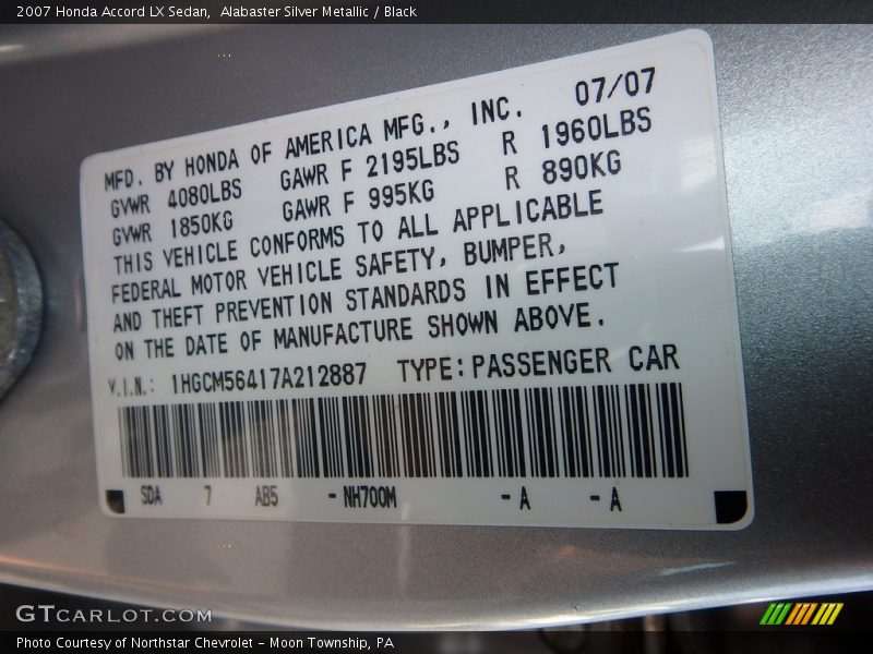 Alabaster Silver Metallic / Black 2007 Honda Accord LX Sedan