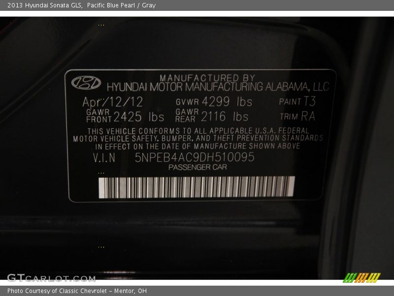 Pacific Blue Pearl / Gray 2013 Hyundai Sonata GLS