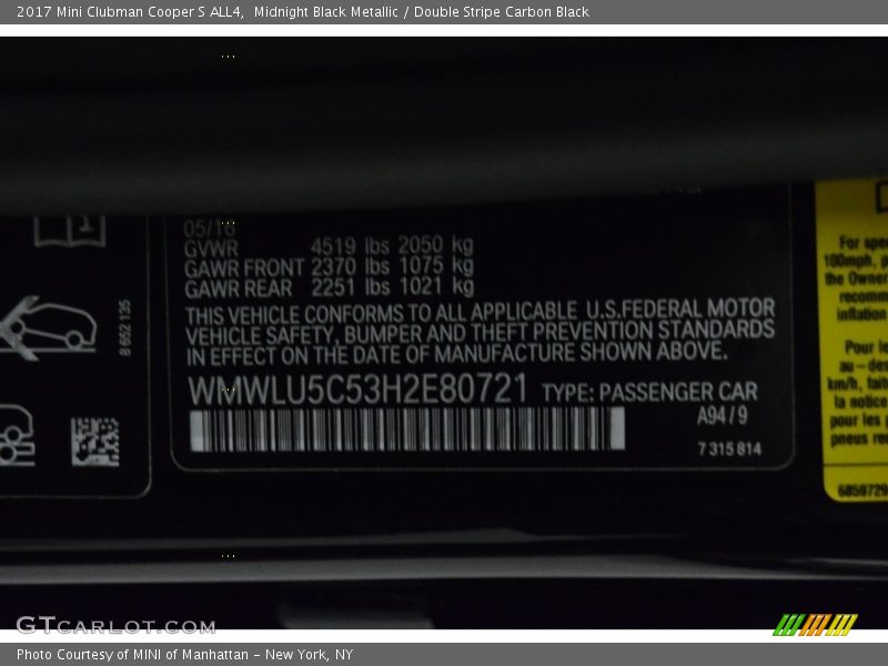 2017 Clubman Cooper S ALL4 Midnight Black Metallic Color Code A94