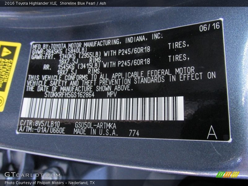 Shoreline Blue Pearl / Ash 2016 Toyota Highlander XLE