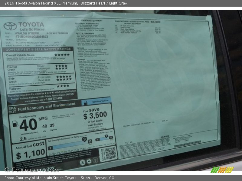 Blizzard Pearl / Light Gray 2016 Toyota Avalon Hybrid XLE Premium