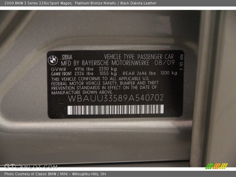Platinum Bronze Metallic / Black Dakota Leather 2009 BMW 3 Series 328xi Sport Wagon