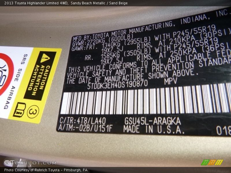 Sandy Beach Metallic / Sand Beige 2013 Toyota Highlander Limited 4WD