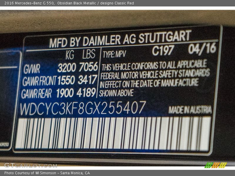 2016 G 550 Obsidian Black Metallic Color Code 197