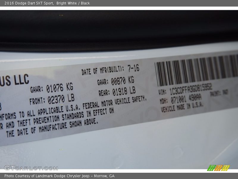 Bright White / Black 2016 Dodge Dart SXT Sport