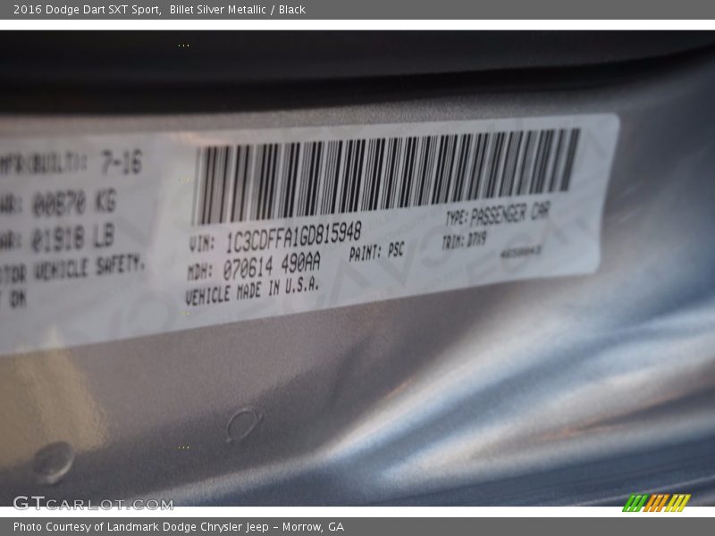 Billet Silver Metallic / Black 2016 Dodge Dart SXT Sport
