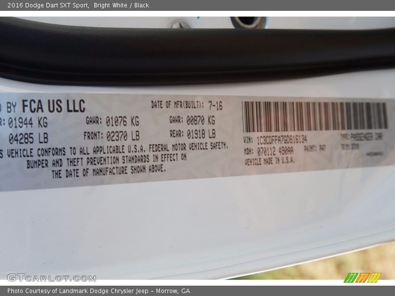 2016 Dart SXT Sport Bright White Color Code PW7