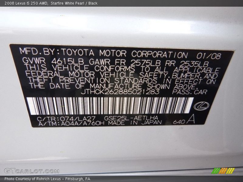 Starfire White Pearl / Black 2008 Lexus IS 250 AWD