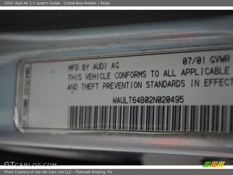 Crystal Blue Metallic / Beige 2002 Audi A6 3.0 quattro Sedan