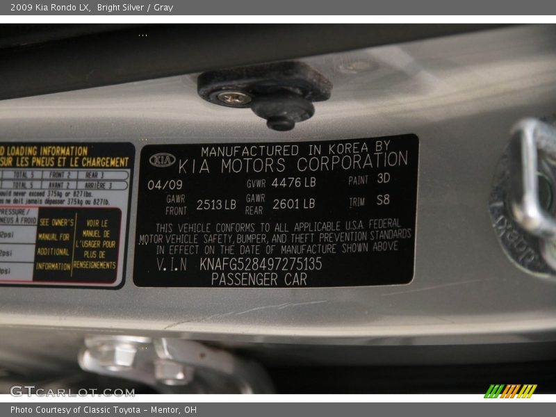 Bright Silver / Gray 2009 Kia Rondo LX