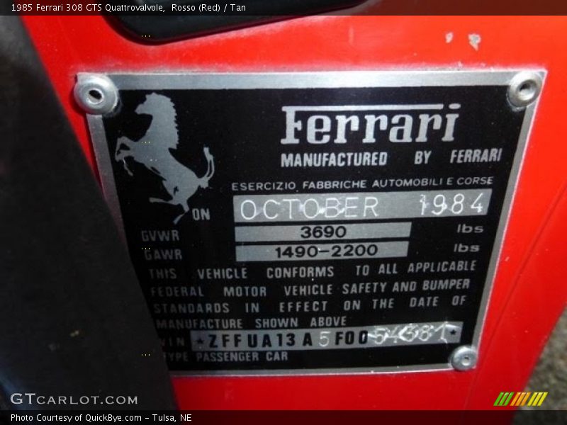 Rosso (Red) / Tan 1985 Ferrari 308 GTS Quattrovalvole
