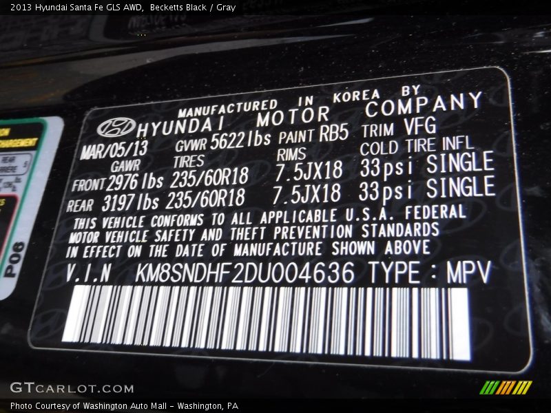Becketts Black / Gray 2013 Hyundai Santa Fe GLS AWD