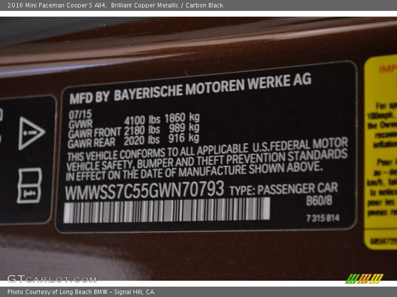 Brilliant Copper Metallic / Carbon Black 2016 Mini Paceman Cooper S All4