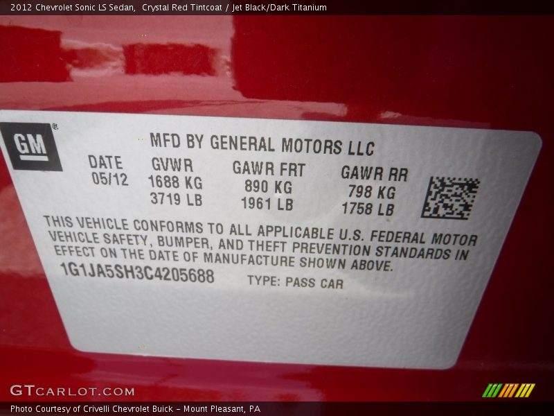 Crystal Red Tintcoat / Jet Black/Dark Titanium 2012 Chevrolet Sonic LS Sedan