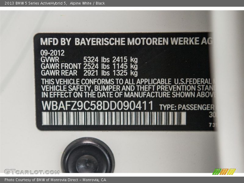 Alpine White / Black 2013 BMW 5 Series ActiveHybrid 5