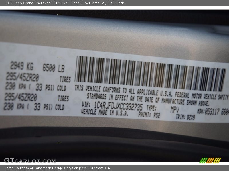 2012 Grand Cherokee SRT8 4x4 Bright Silver Metallic Color Code PS2