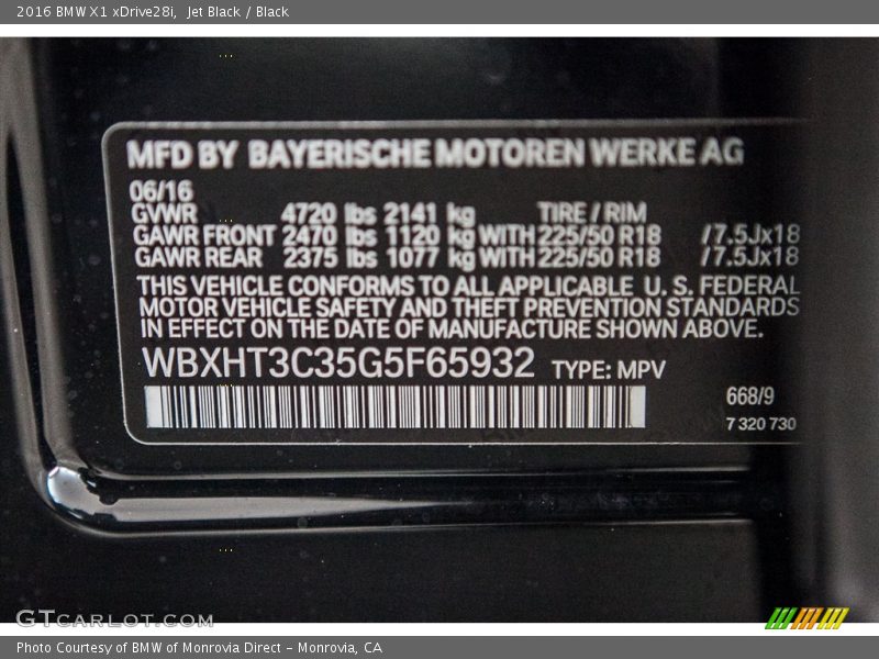 Jet Black / Black 2016 BMW X1 xDrive28i