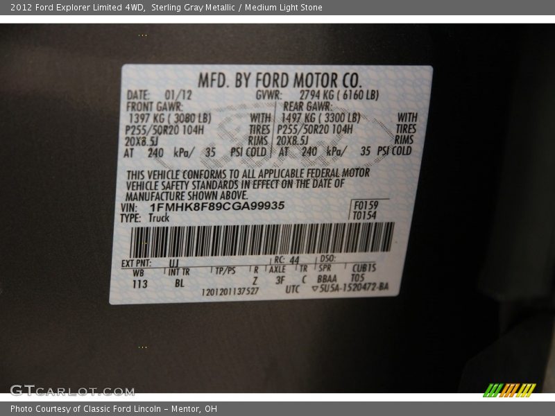 Sterling Gray Metallic / Medium Light Stone 2012 Ford Explorer Limited 4WD