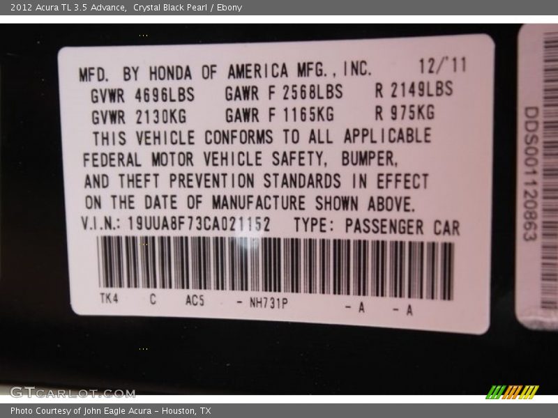 Crystal Black Pearl / Ebony 2012 Acura TL 3.5 Advance