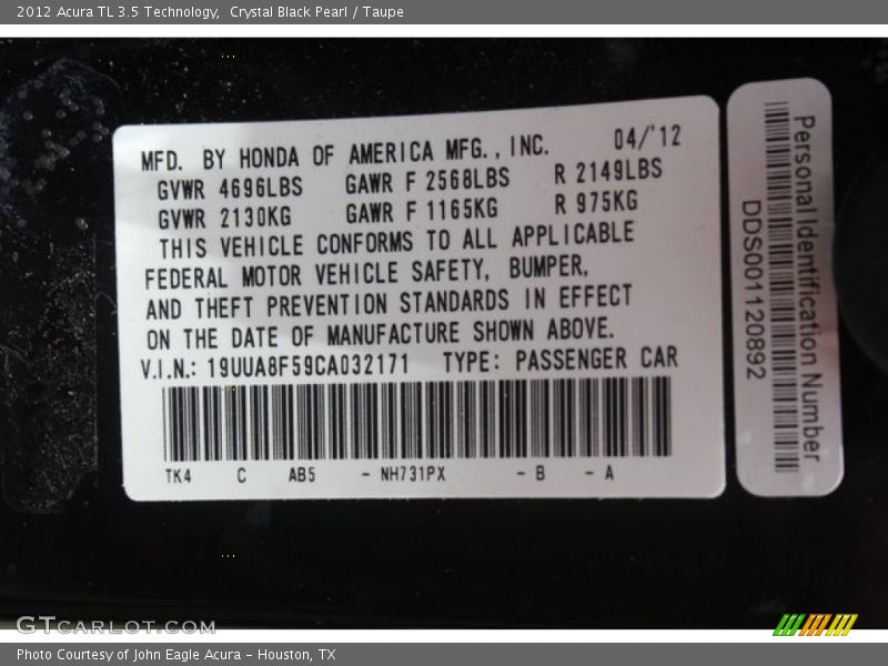 Crystal Black Pearl / Taupe 2012 Acura TL 3.5 Technology