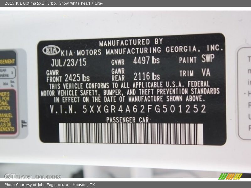 Snow White Pearl / Gray 2015 Kia Optima SXL Turbo