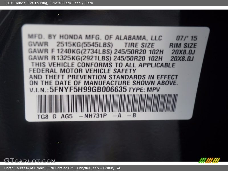 Crystal Black Pearl / Black 2016 Honda Pilot Touring