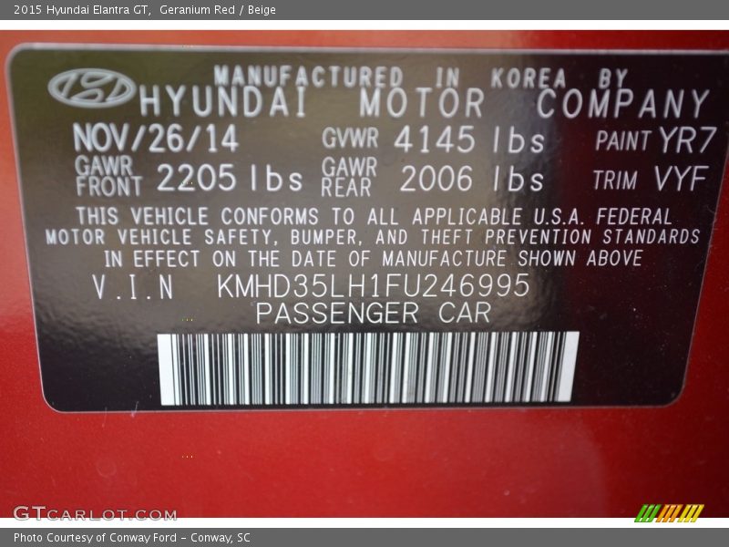 Geranium Red / Beige 2015 Hyundai Elantra GT