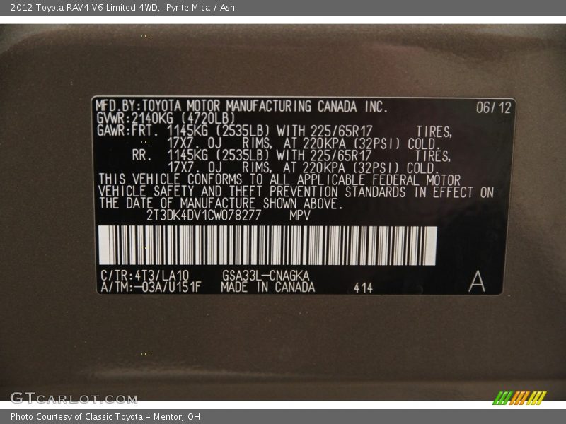 Pyrite Mica / Ash 2012 Toyota RAV4 V6 Limited 4WD