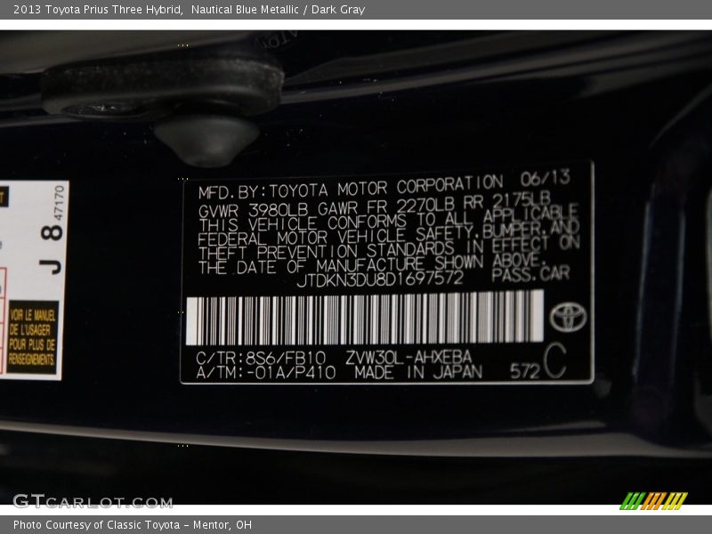 Nautical Blue Metallic / Dark Gray 2013 Toyota Prius Three Hybrid