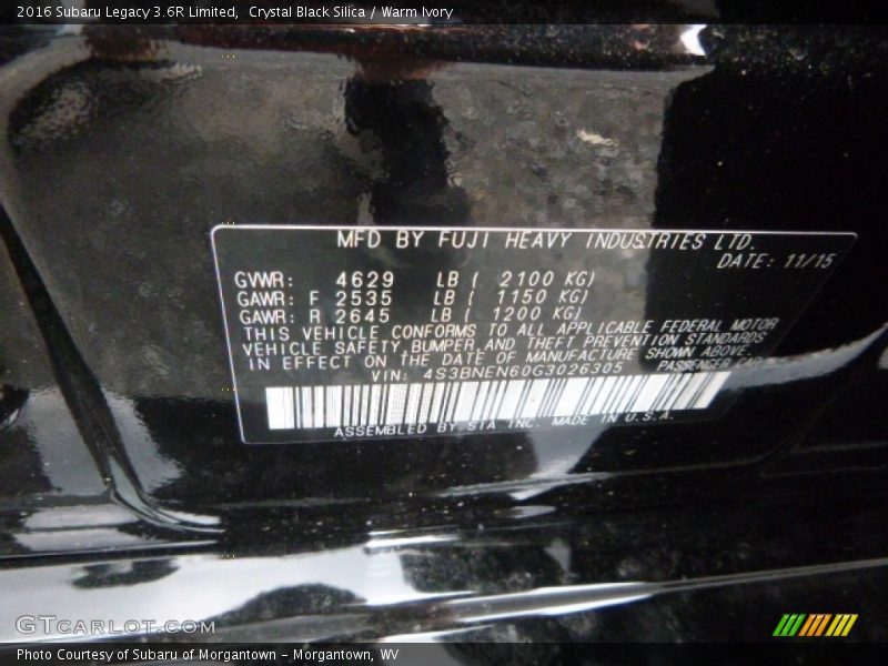 Crystal Black Silica / Warm Ivory 2016 Subaru Legacy 3.6R Limited