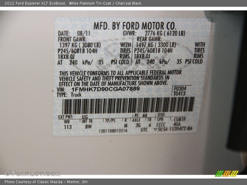 White Platinum Tri-Coat / Charcoal Black 2012 Ford Explorer XLT EcoBoost