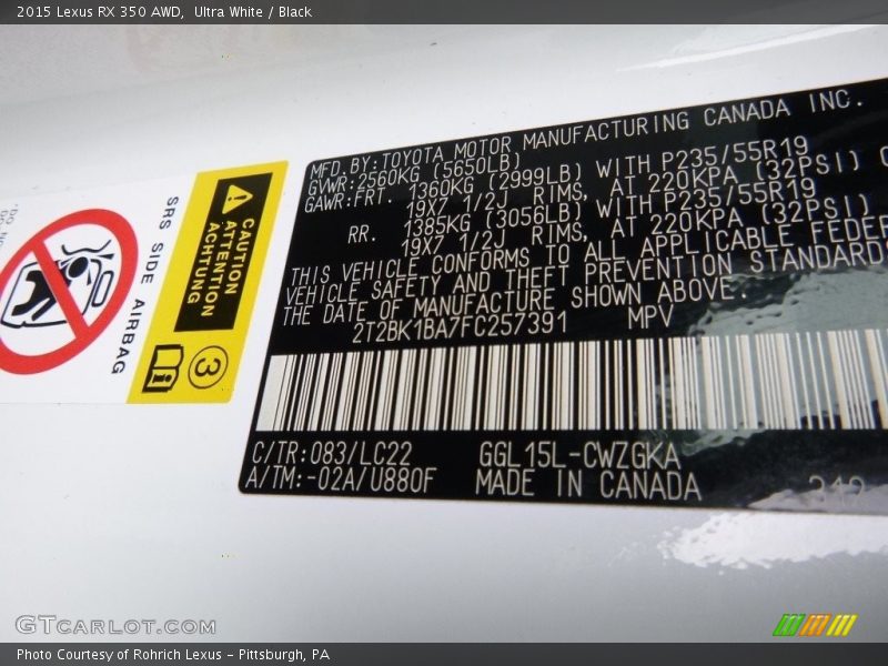 Ultra White / Black 2015 Lexus RX 350 AWD