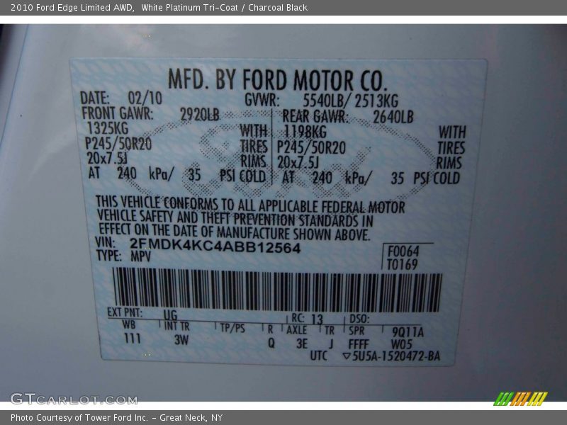 White Platinum Tri-Coat / Charcoal Black 2010 Ford Edge Limited AWD