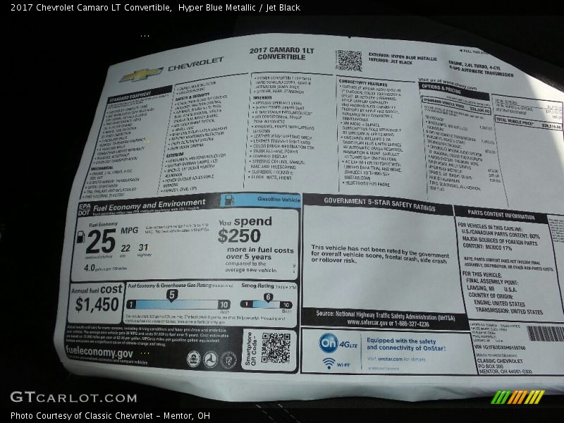  2017 Camaro LT Convertible Window Sticker