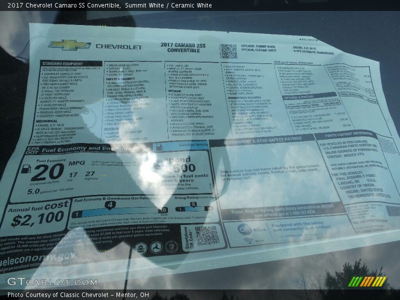  2017 Camaro SS Convertible Window Sticker