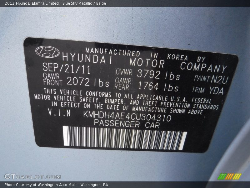 Blue Sky Metallic / Beige 2012 Hyundai Elantra Limited