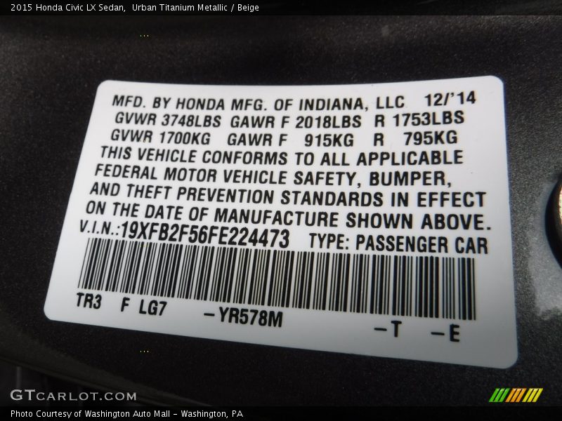 Urban Titanium Metallic / Beige 2015 Honda Civic LX Sedan