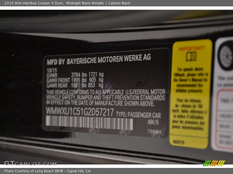 Midnight Black Metallic / Carbon Black 2016 Mini Hardtop Cooper 4 Door