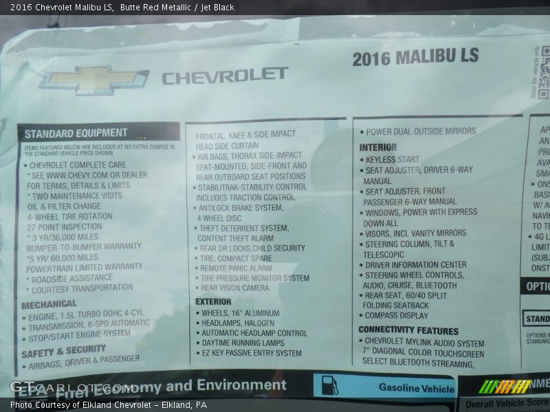 Butte Red Metallic / Jet Black 2016 Chevrolet Malibu LS