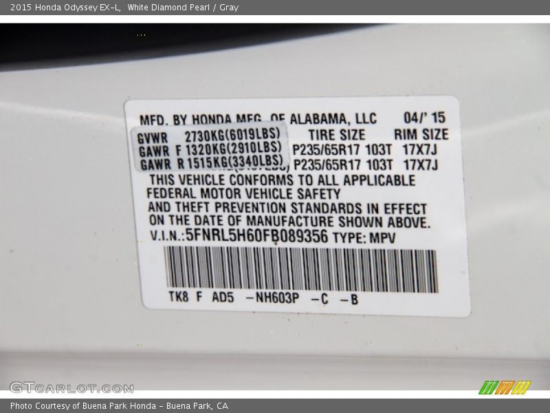 White Diamond Pearl / Gray 2015 Honda Odyssey EX-L