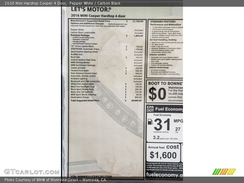 Pepper White / Carbon Black 2016 Mini Hardtop Cooper 4 Door