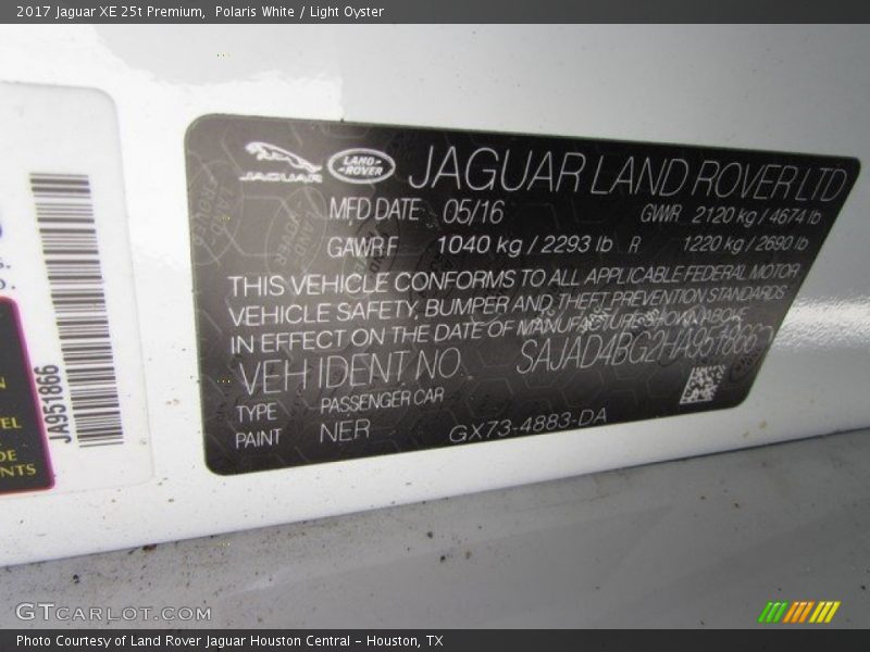 2017 XE 25t Premium Polaris White Color Code NER