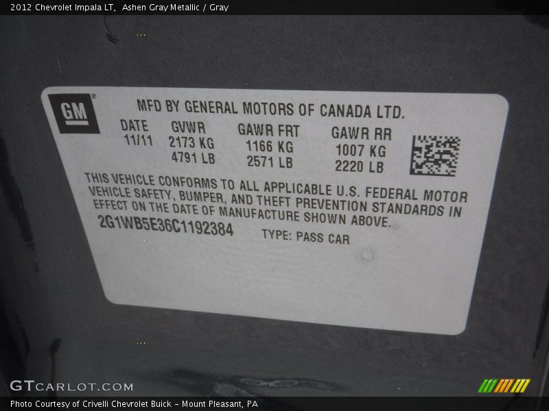 Ashen Gray Metallic / Gray 2012 Chevrolet Impala LT