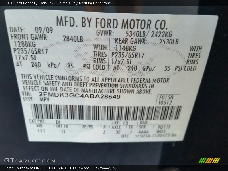 Dark Ink Blue Metallic / Medium Light Stone 2010 Ford Edge SE