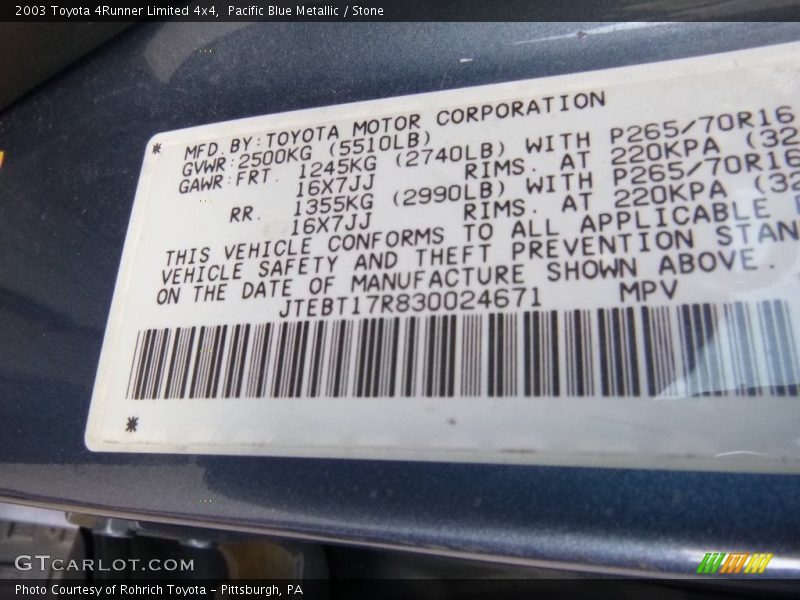 Pacific Blue Metallic / Stone 2003 Toyota 4Runner Limited 4x4