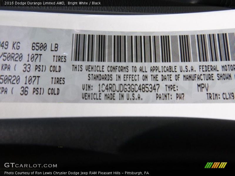Bright White / Black 2016 Dodge Durango Limited AWD